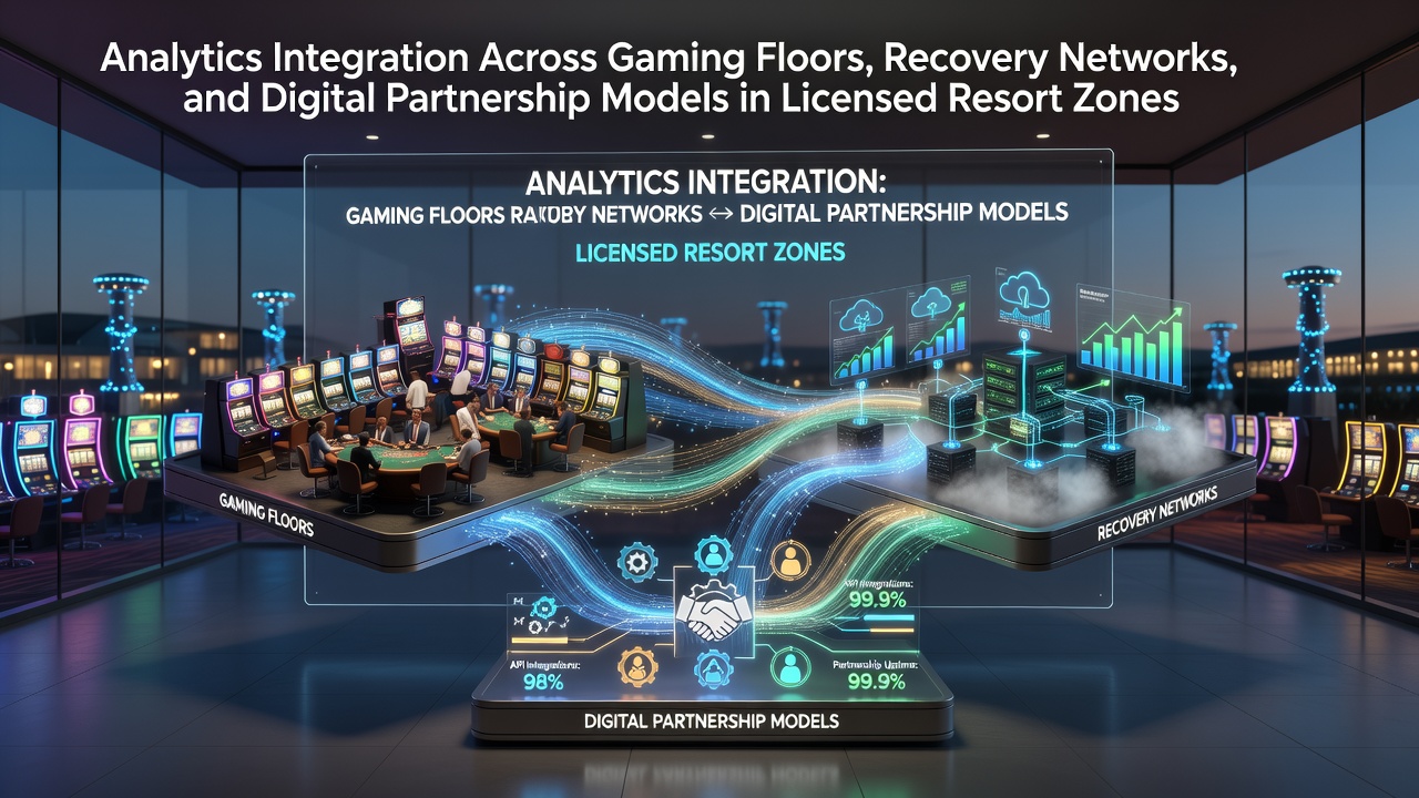 Analytics dashboard displaying real-time data from gaming floor operations integrated with recovery network metrics in a licensed resort zone