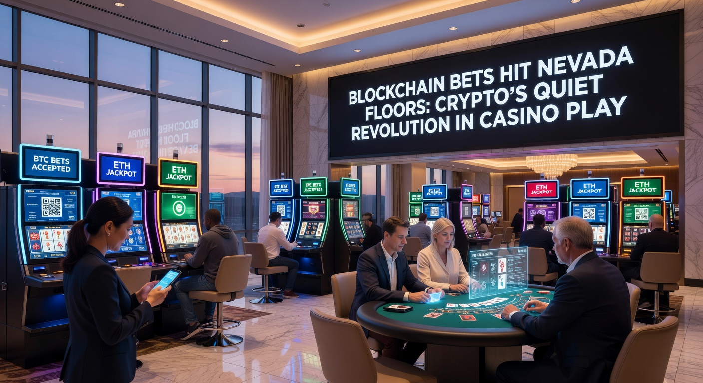 Vibrant Nevada casino floor with digital screens displaying blockchain transactions and cryptocurrency icons amid slot machines and roulette tables