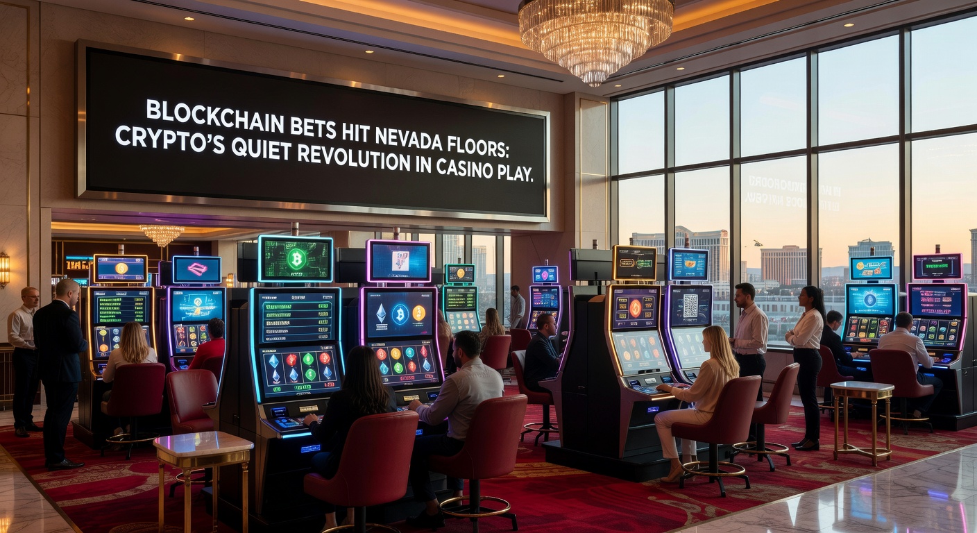 Close-up of a crypto betting kiosk on a bustling Nevada casino floor, showing wallet scans and blockchain confirmations next to glowing slot reels