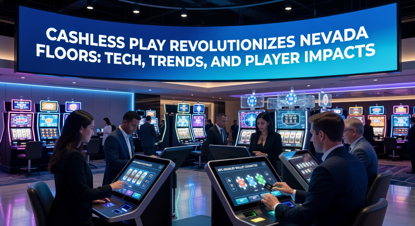 Modern Nevada casino floor with patrons using mobile apps for cashless slot play, showing vibrant screens and seamless transactions