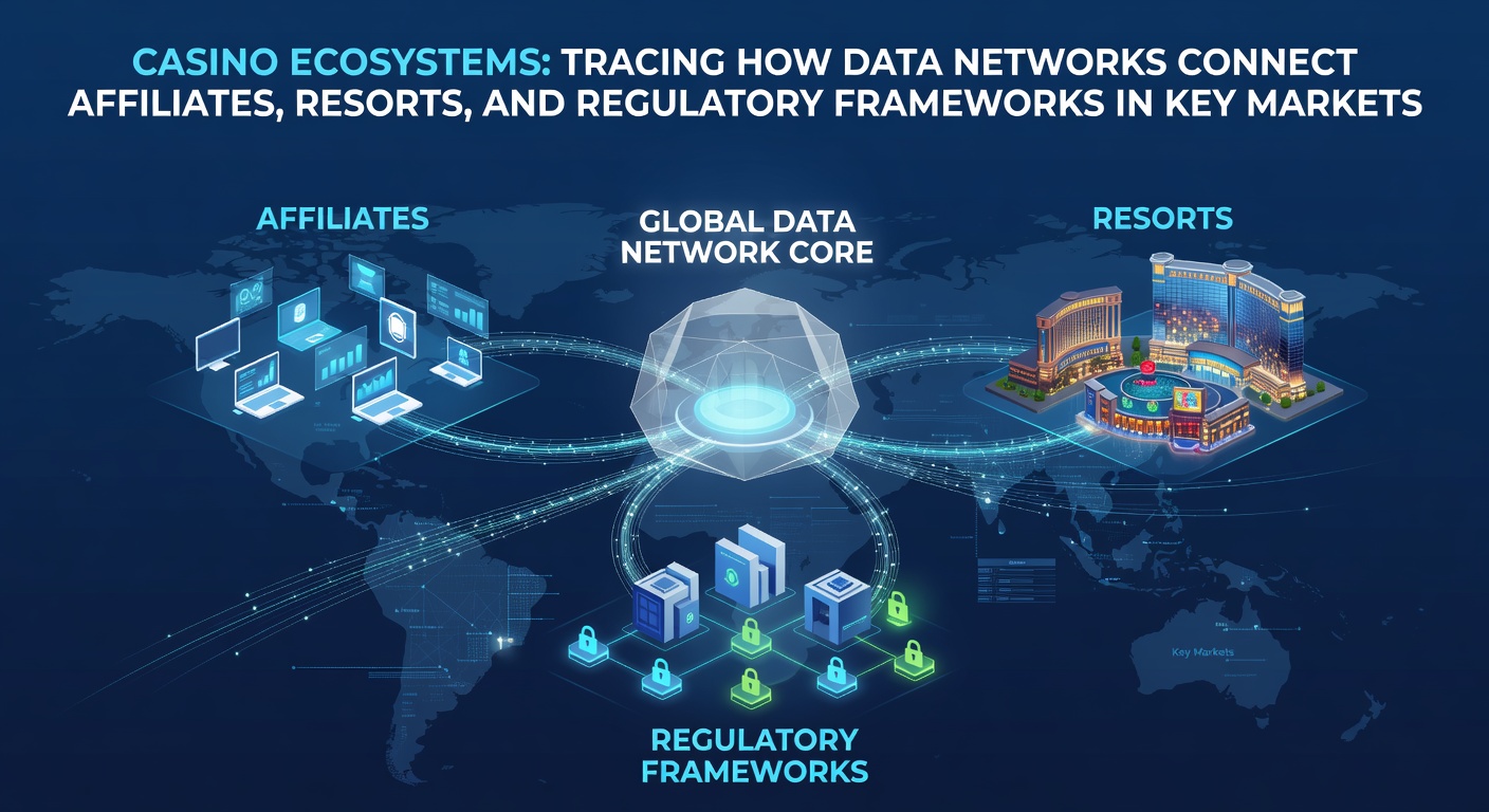 Data network diagram showing connections between casino affiliates, resorts, and regulatory bodies across different markets