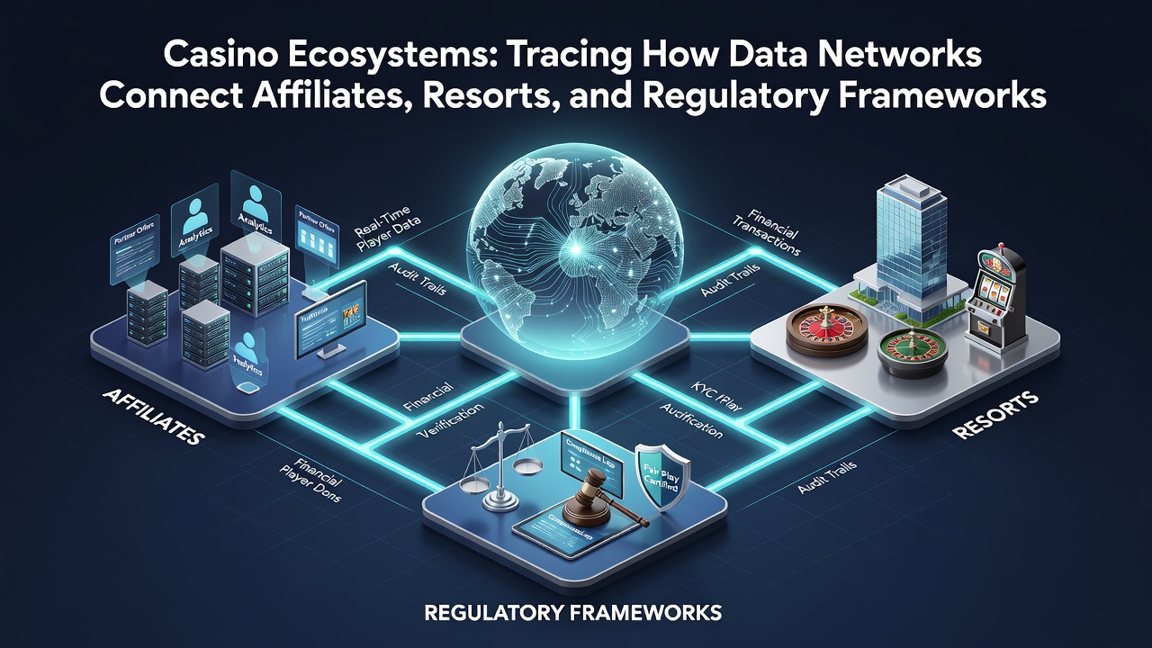 Regulatory compliance dashboard displaying data flow between casino networks and oversight agencies