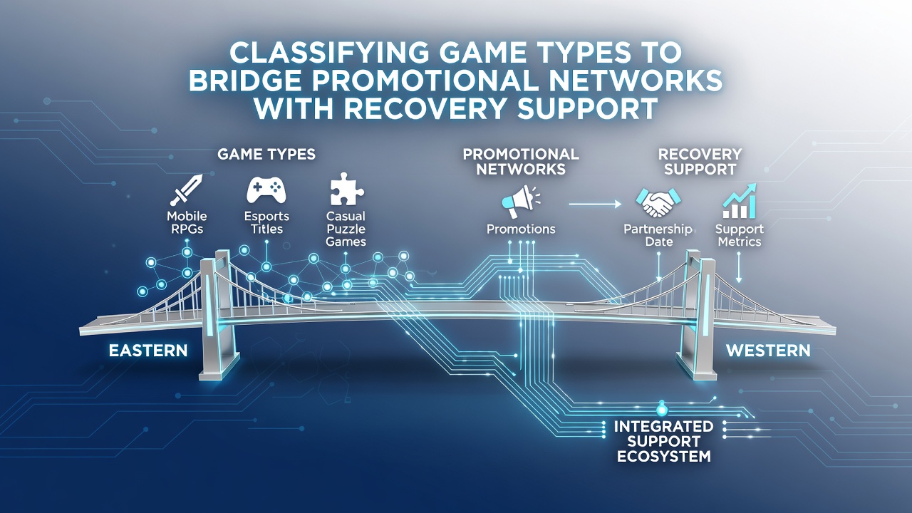 Diagram illustrating connections between promotional networks, game classifications, and recovery support services at eastern and western resorts
