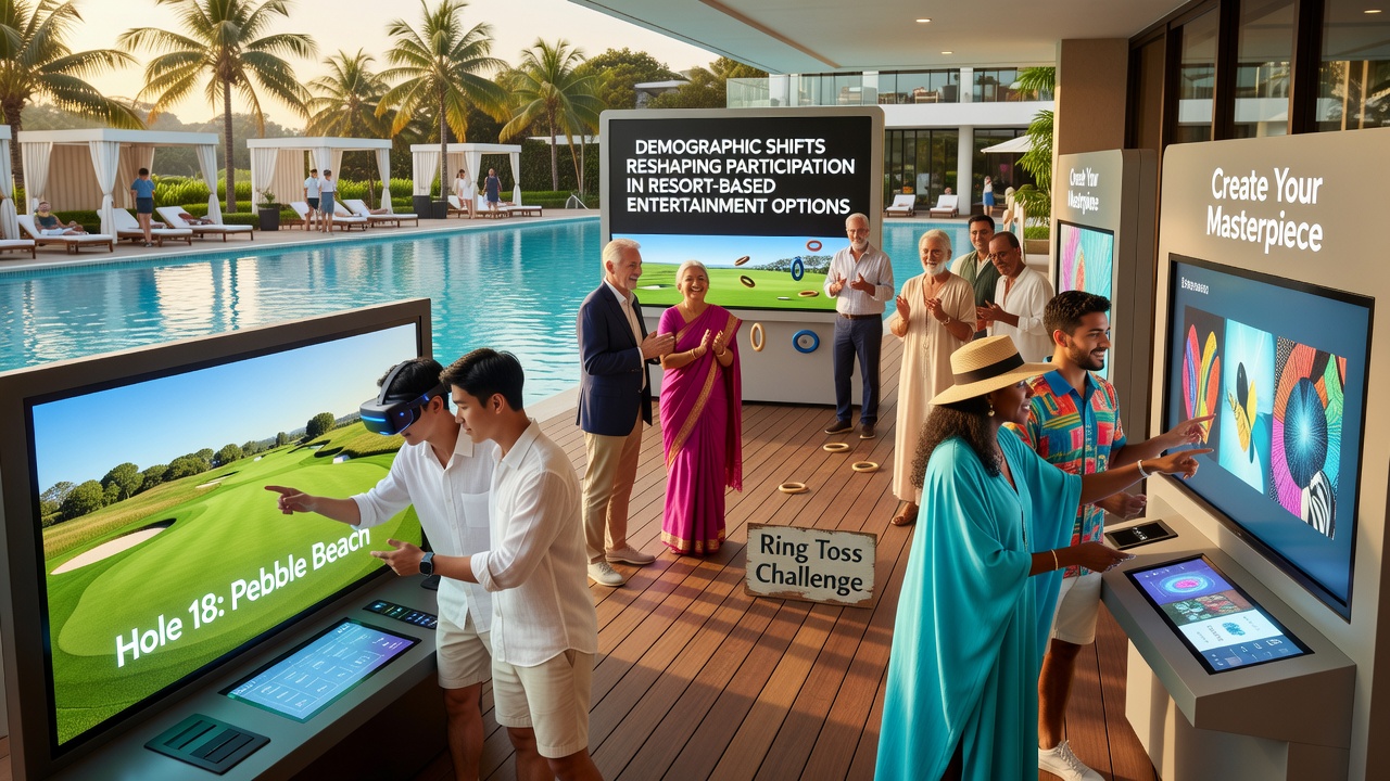Resort entertainment areas with mixed age groups enjoying shows and activities