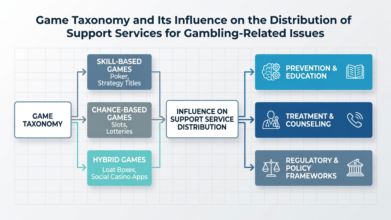 Map and charts illustrating regional distribution of gambling support services by game type as of mid-2026