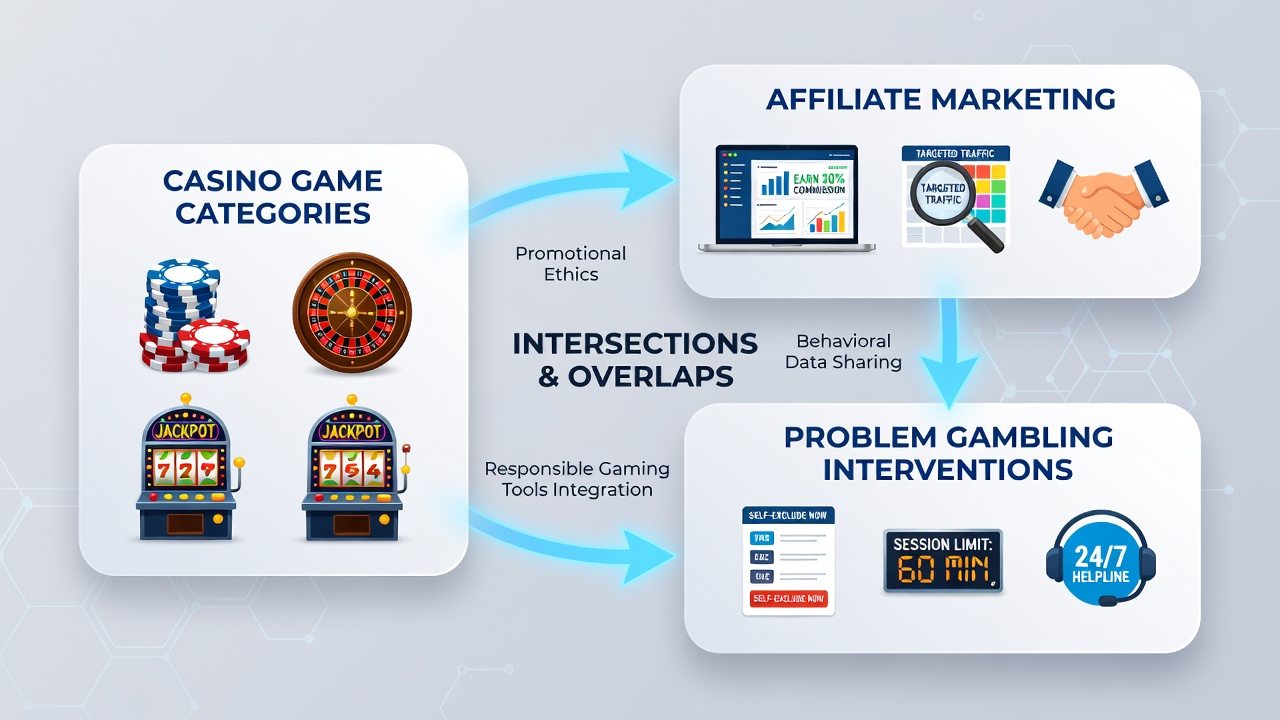 Infographic illustrating how affiliate campaigns for different casino games connect to player protection measures