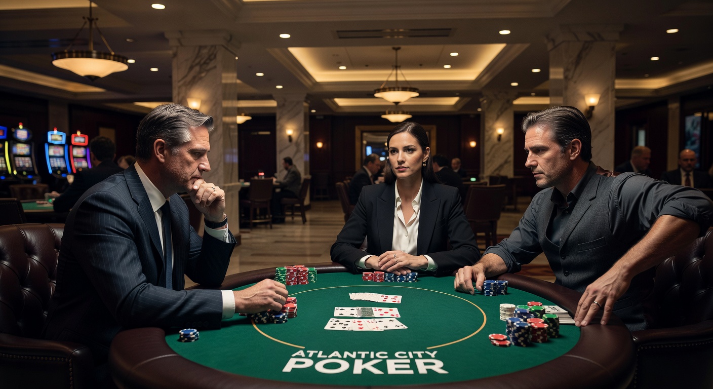 Close-up of poker players at an Atlantic City table exchanging intense glances during a high-stakes hand