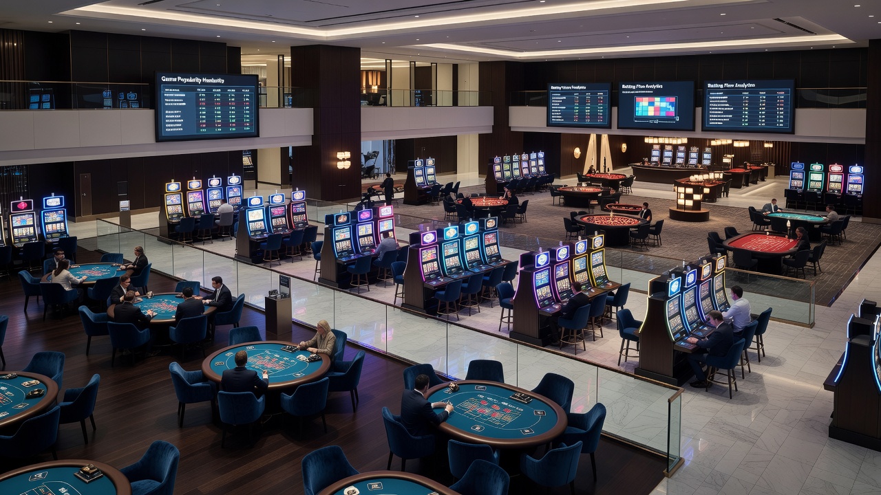 Overhead perspective of gaming zones illustrating how spatial divisions affect movement between slots, tables, and entertainment areas