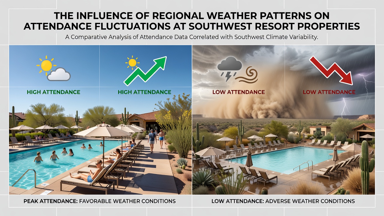 Southwest resort pool area with monsoon clouds overhead illustrating seasonal weather impacts on guest activities