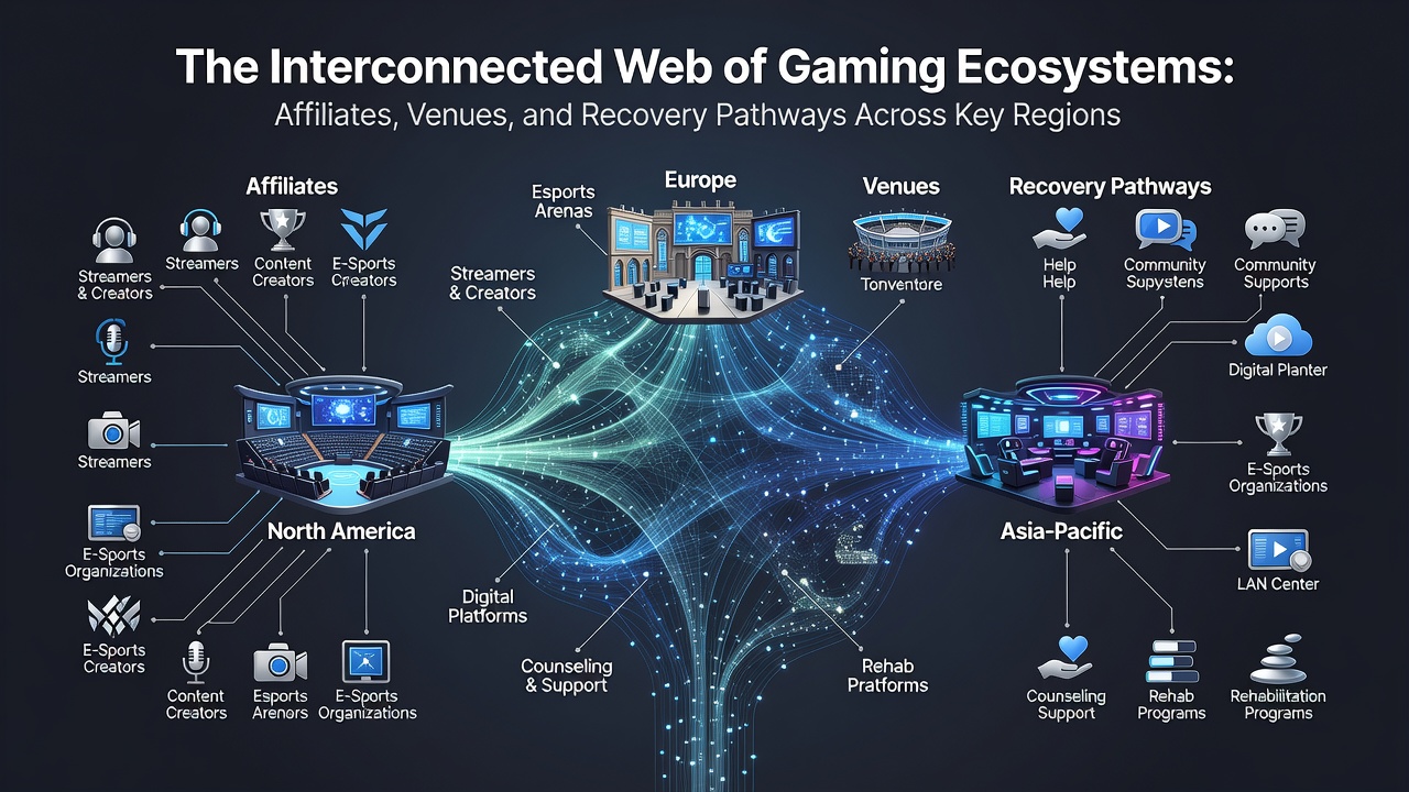 Illustration of interconnected gaming ecosystems showing links between affiliates, physical venues, and recovery support networks across multiple regions