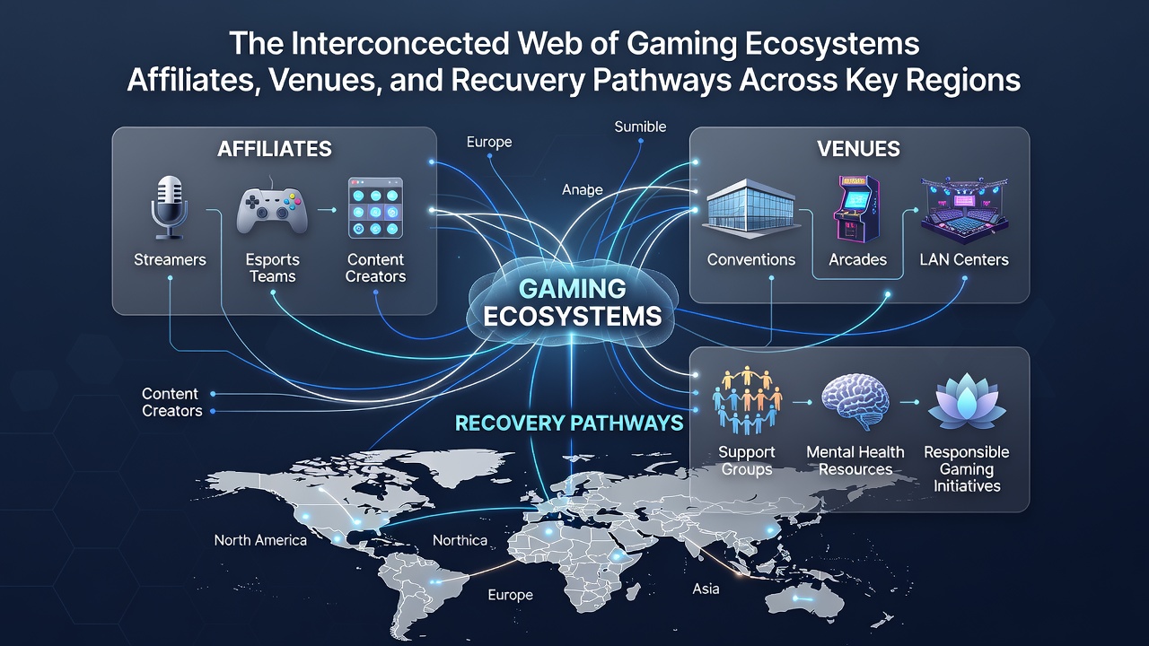 Diagram mapping recovery pathways linked to gaming venues and affiliate networks in international markets