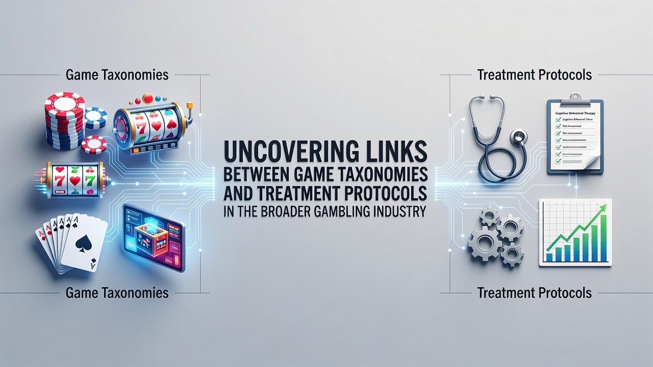 Illustration showing categorized gambling game types alongside various treatment protocol icons in a connected diagram format