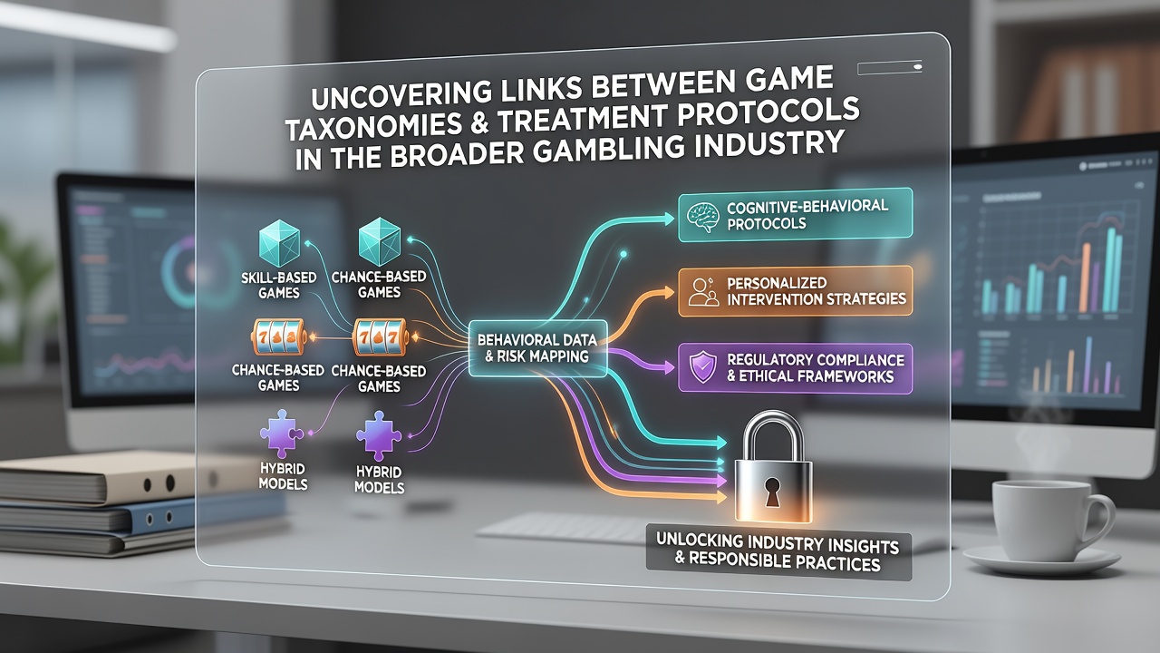 Photograph of a research team reviewing charts that connect gambling game taxonomies with clinical treatment pathways