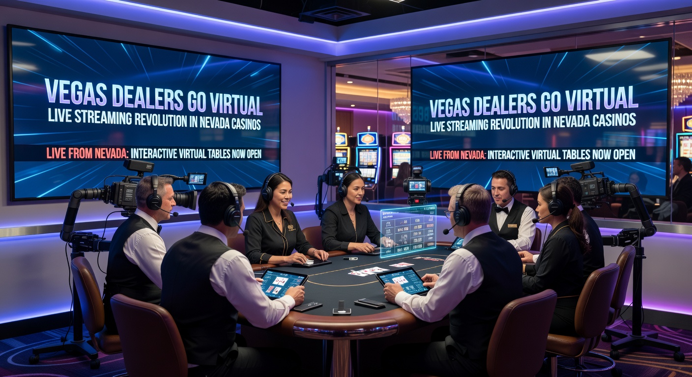 A live dealer streaming blackjack from a Nevada casino studio, with multiple screens showing player interactions